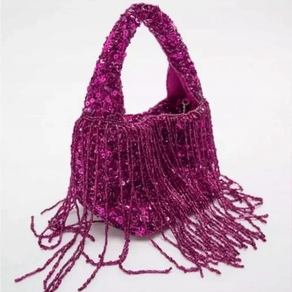 Zara Vibrant Pink Sequin Beaded Mini Bag - Picture 3 of 4